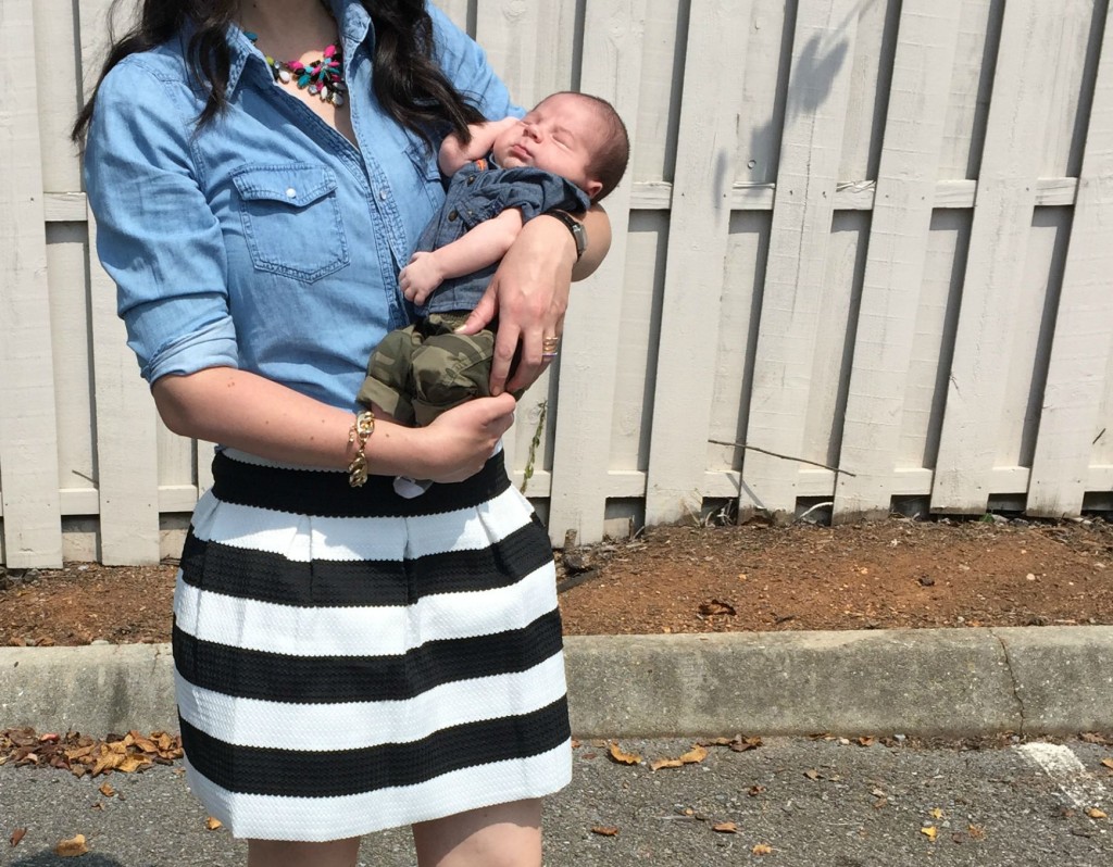 fashion blog, ootd, west town mall, knoxville fashion blog, striped skirt, how to style a striped skirt, chambray shirt, statement necklace, walmart jewelry, baby outfit, baby boy outfit