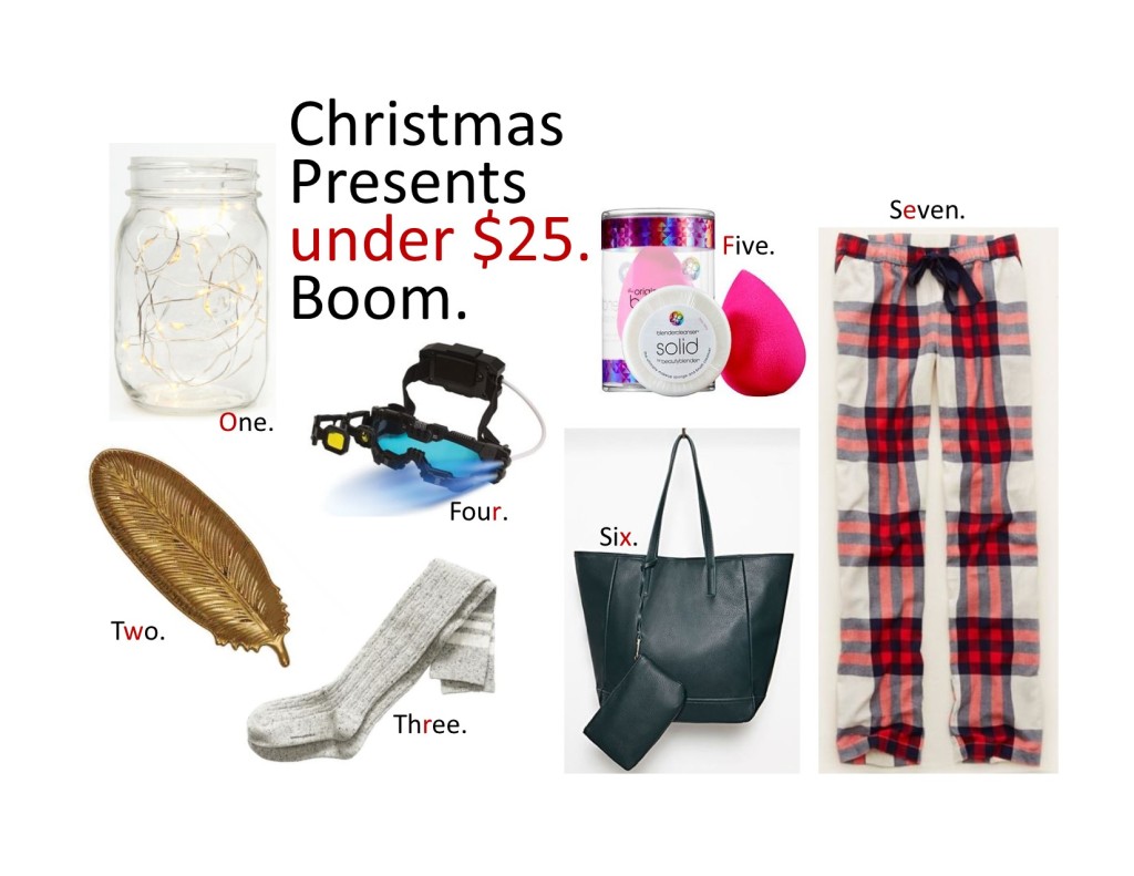 christmas gifts under 25, christmas gift ideas, aerie pajamas, gold leaf tray, led lights, over the knee socks, banana republic socks, forever21 bag, large black tote, beauty blender, night vision goggles, mori luggage and gifts, knoxville fashion blogger, knoxville beauty blogger, west town mall