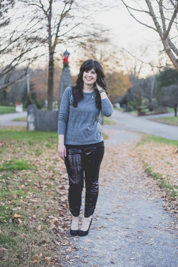 what to wear to a christmas party, christmas party outfit, festive attire, sequin pants, white house black market, jeweled sweater, the loft, west town mall, knoxville fashion blogger, ootd, black sparkly pants, ootd, sequoya hills