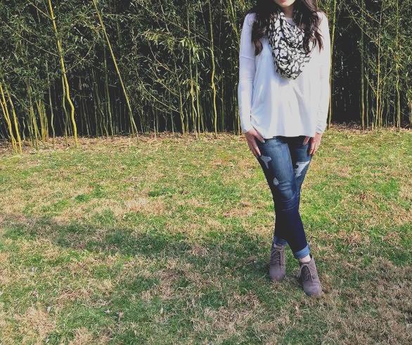 charming charlie, scarf, west town mall, knoxville fashion blogger, ootd, what to wear in winter, piko top, piko top outfit, wedges, express jeans, animal print scarf, winter wear 2016