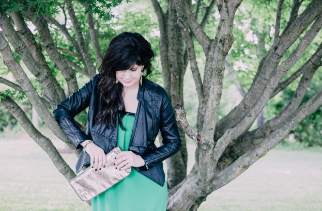 dress for a girls night out, green dress, leather jacket, ootd, spring dress, knoxville fashion blogger, knoxville beauty blogger, night out dress