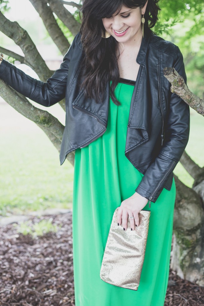 dress for a girls night out, green dress, leather jacket, ootd, spring dress, knoxville fashion blogger, knoxville beauty blogger, night out dress